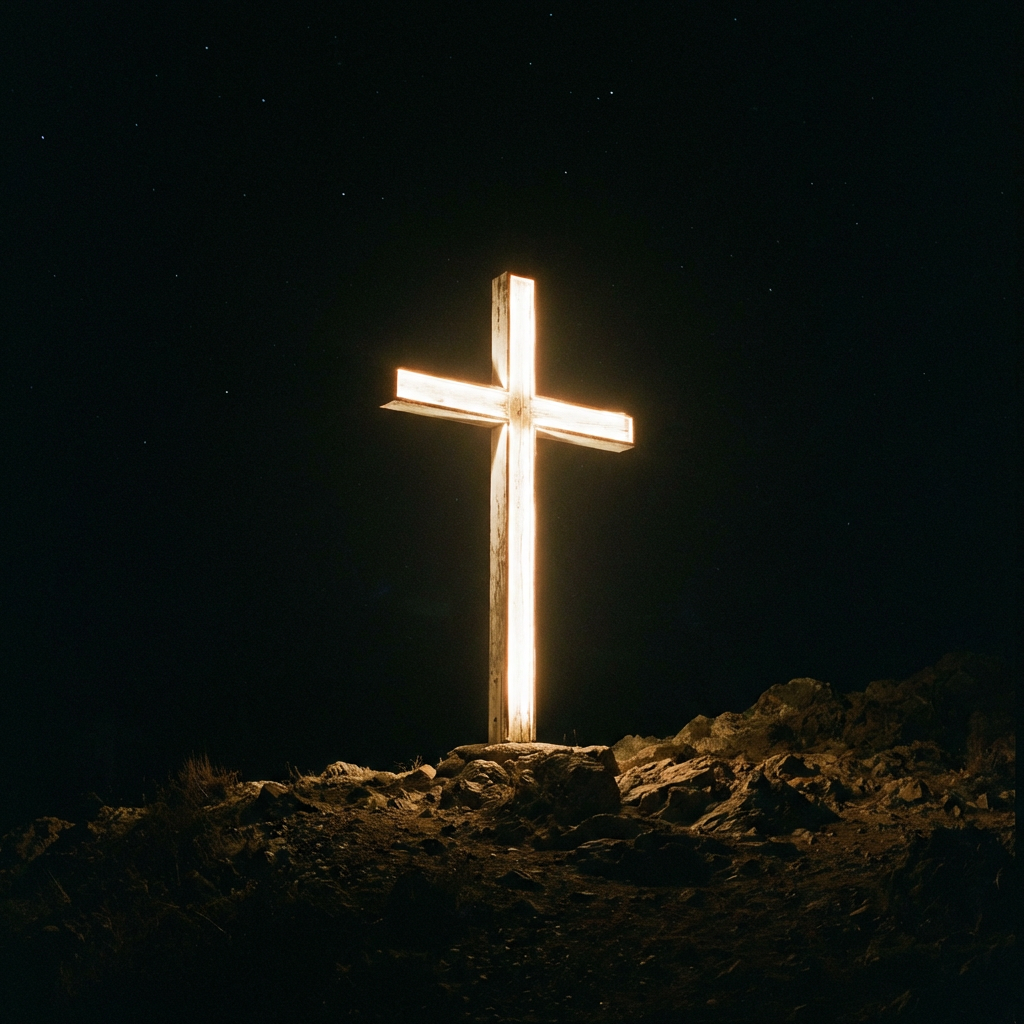 A brightly glowing wooden cross stands on a rocky hill under a starry night sky.
