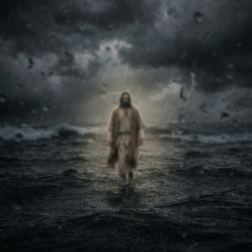 Robed figure walking on rough sea water under a dark, stormy sky.