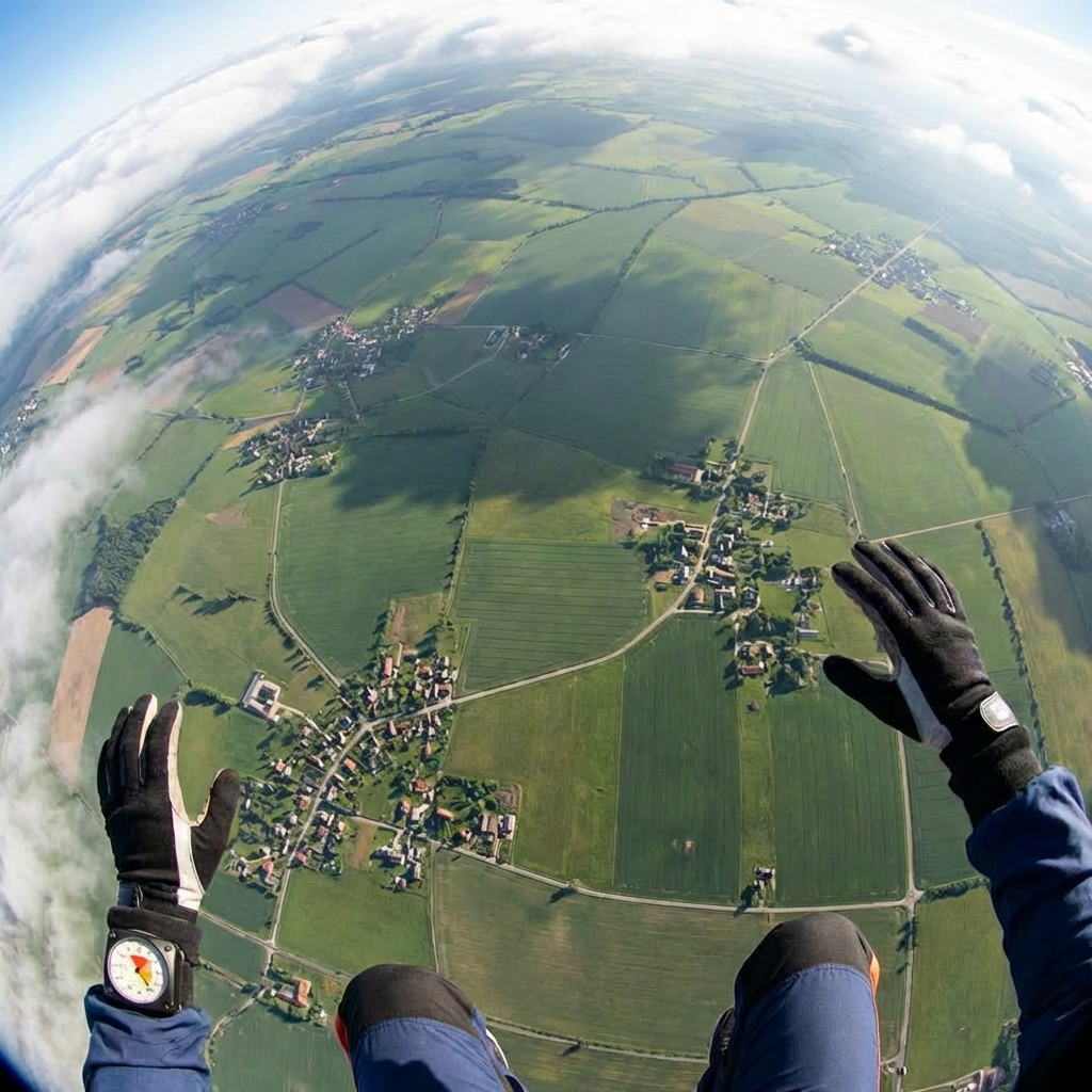 POV shot of a skydiver free-falling above a patchwork of green fields and small towns.