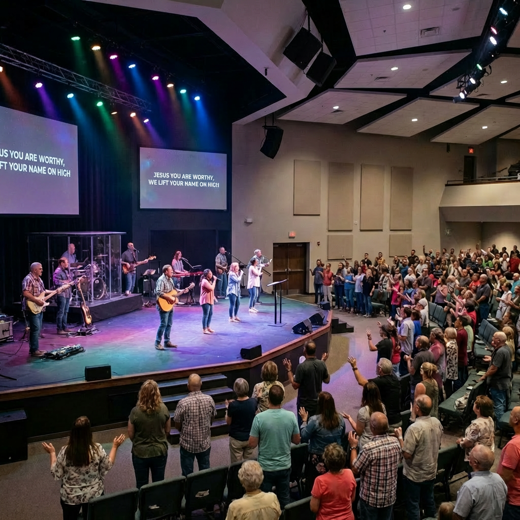 A live band performs on stage for a large congregation during a church worship service.