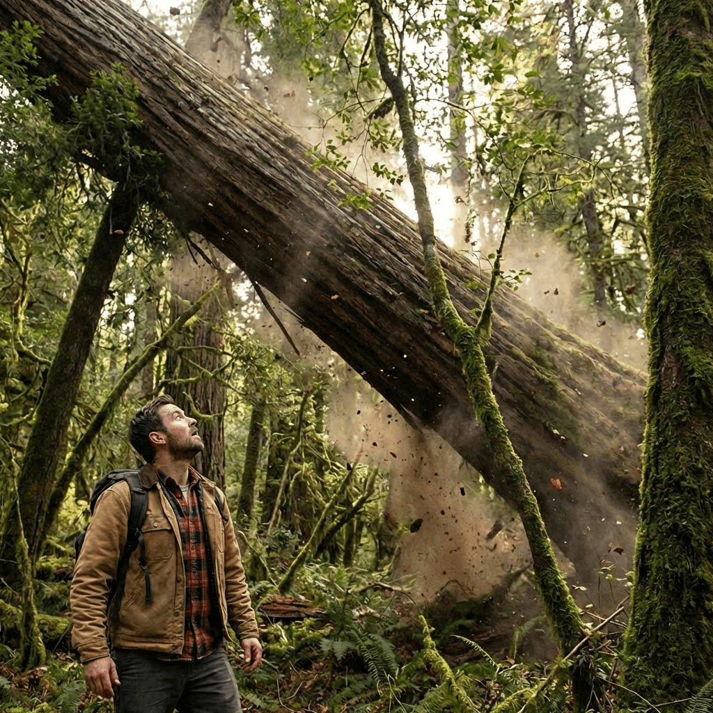 Man in hiking gear looking up at a massive fallen tree trunk in a forest.