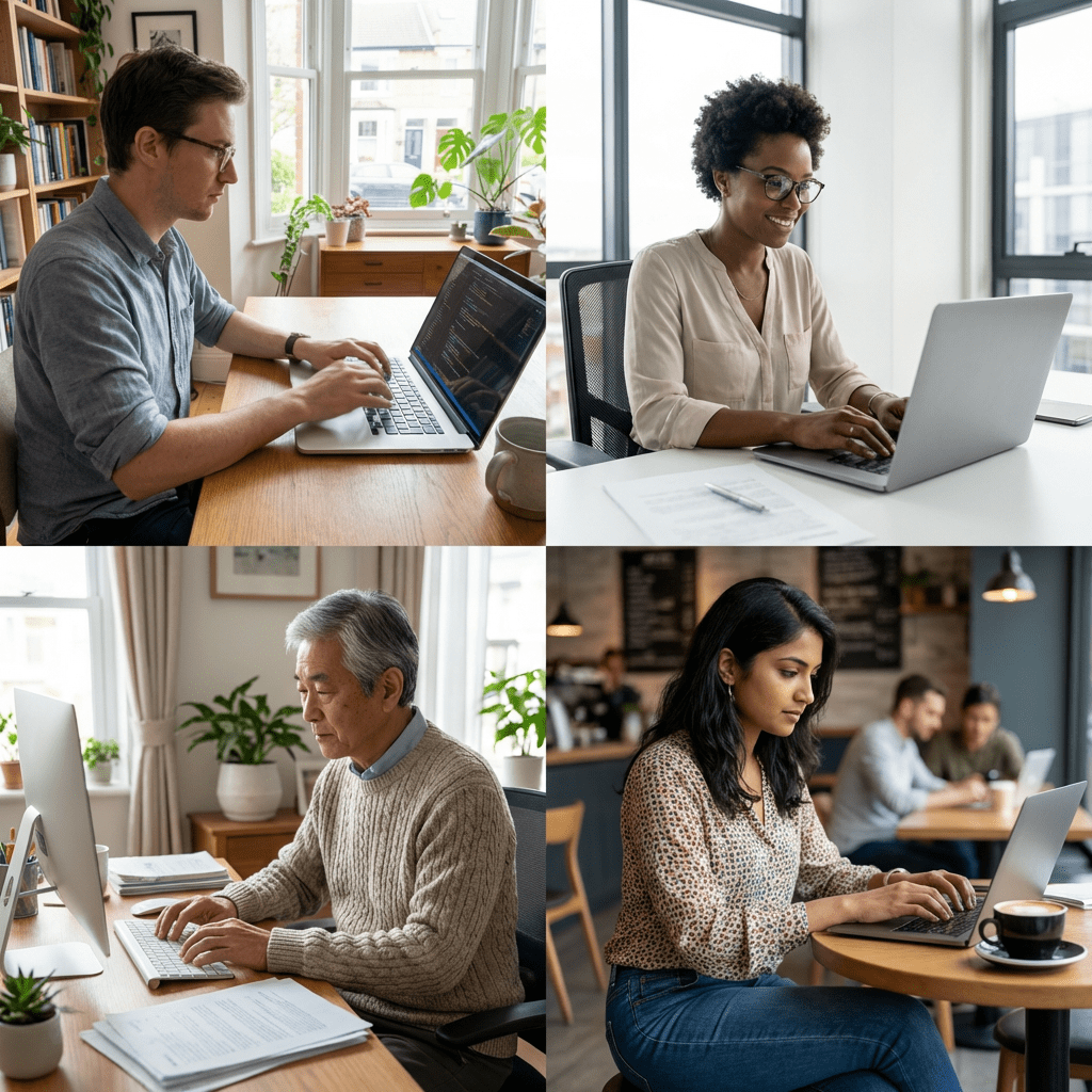 A person with glasses types code on a laptop at a wooden desk.