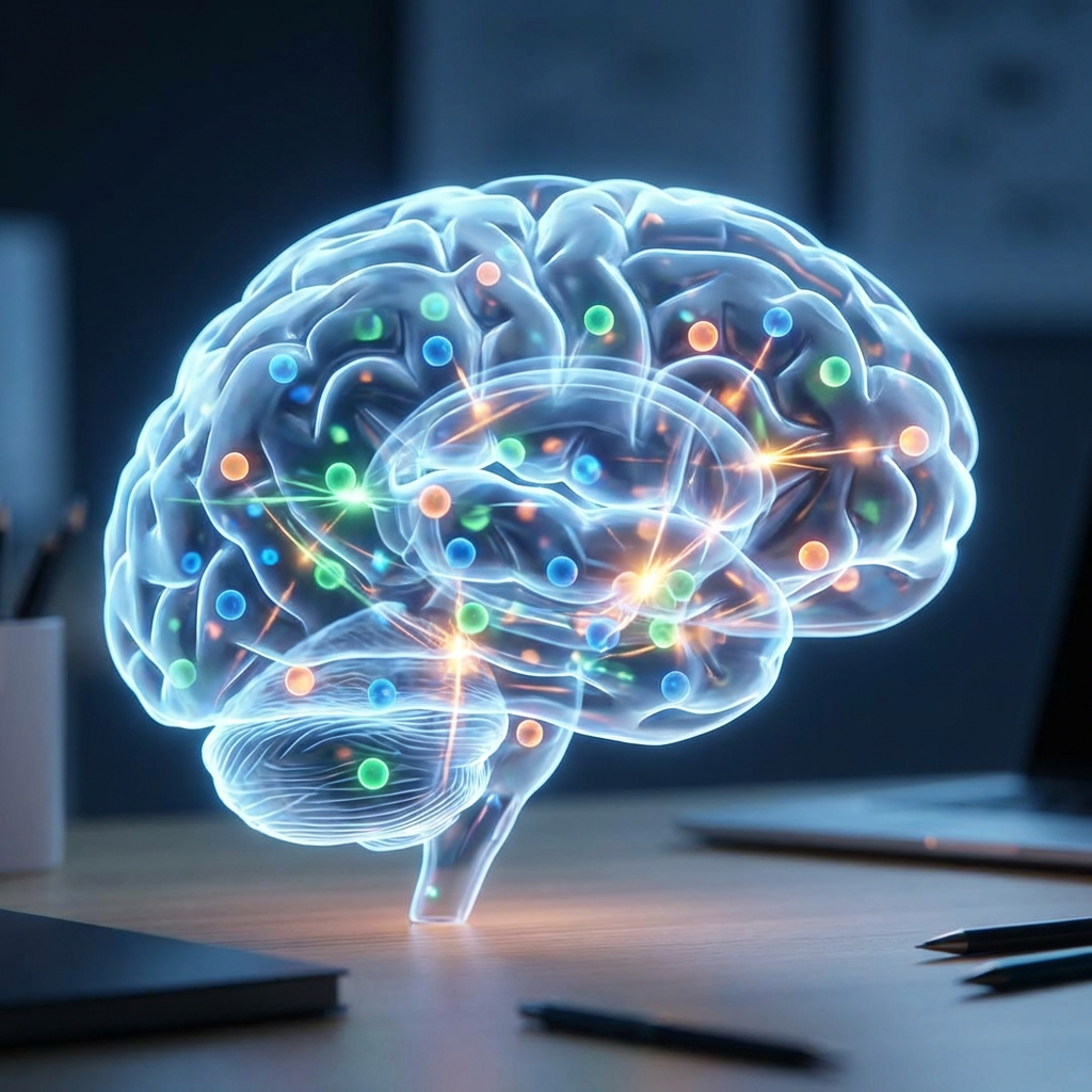 A translucent, glowing human brain model featuring vibrant, interconnected neural nodes on a desk.