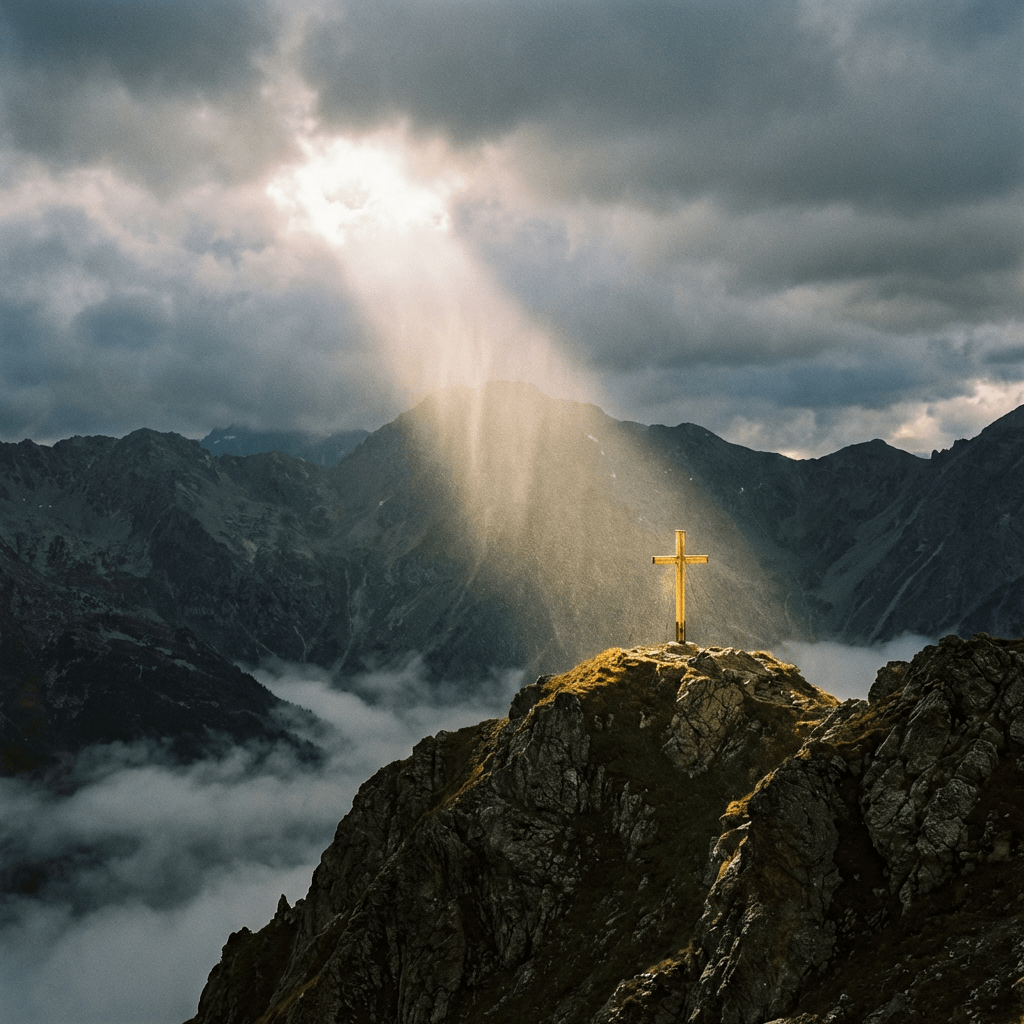 Wooden cross illuminated by a sunbeam on a rocky mountain peak above misty valleys.