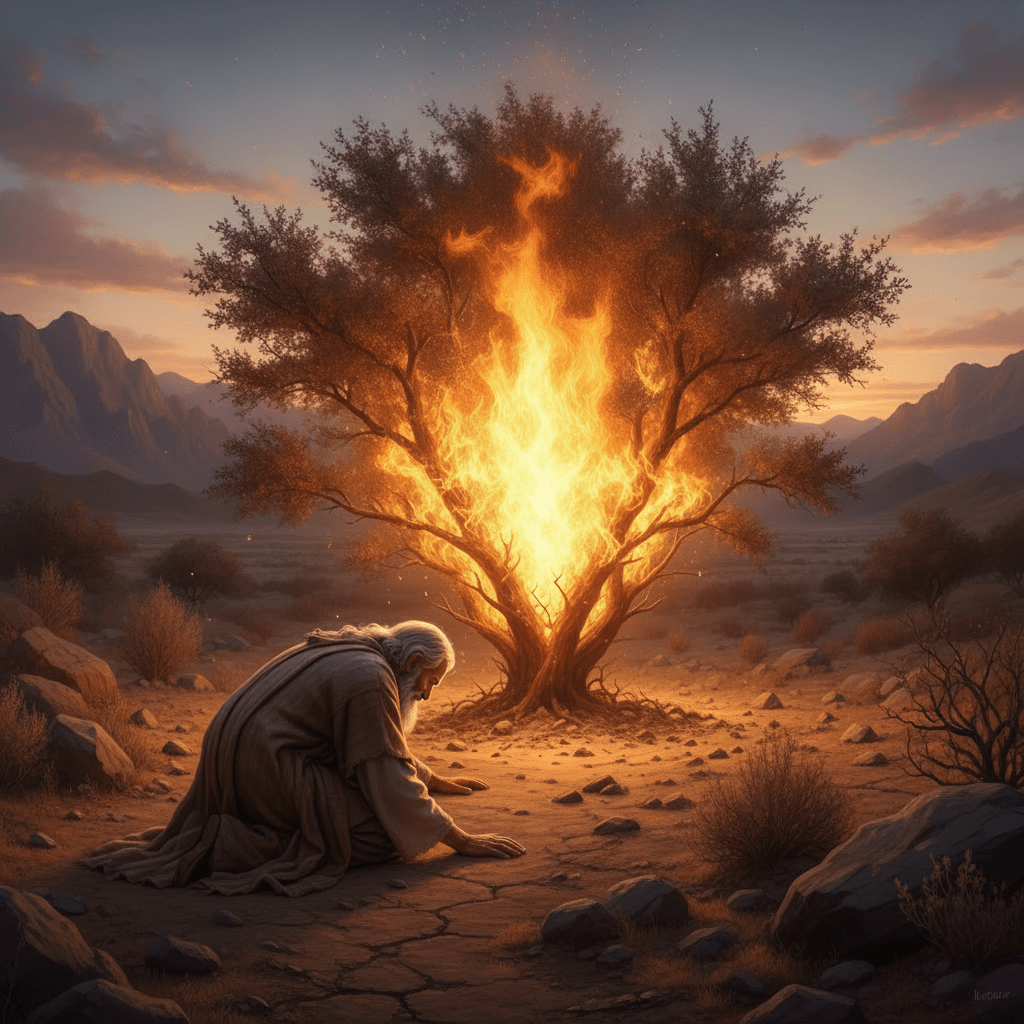 A man kneels in a rocky desert before a tree filled with golden divine fire.