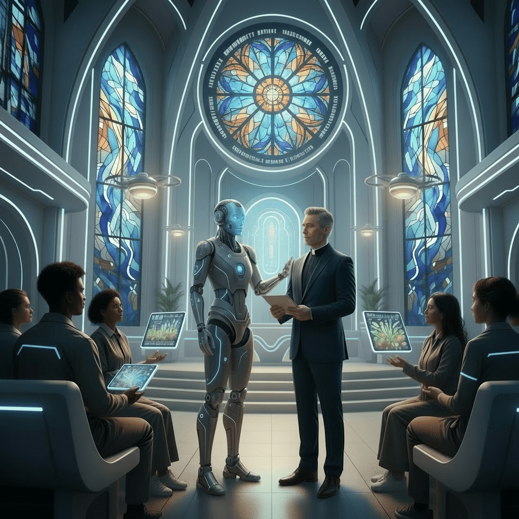 Robot and woman in futuristic sanctuary with words like AI and FAITH on the wall.