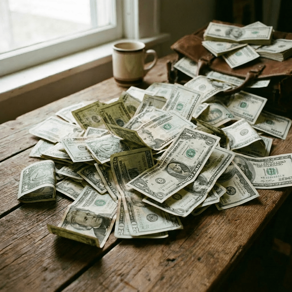 A scattered pile of US dollar bills on a weathered wooden surface next to a briefcase.