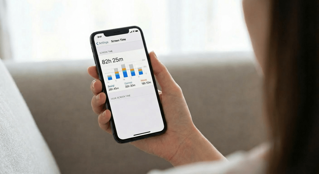Woman viewing 'Screen Time - Today' report on her phone showing 7h 15m.
