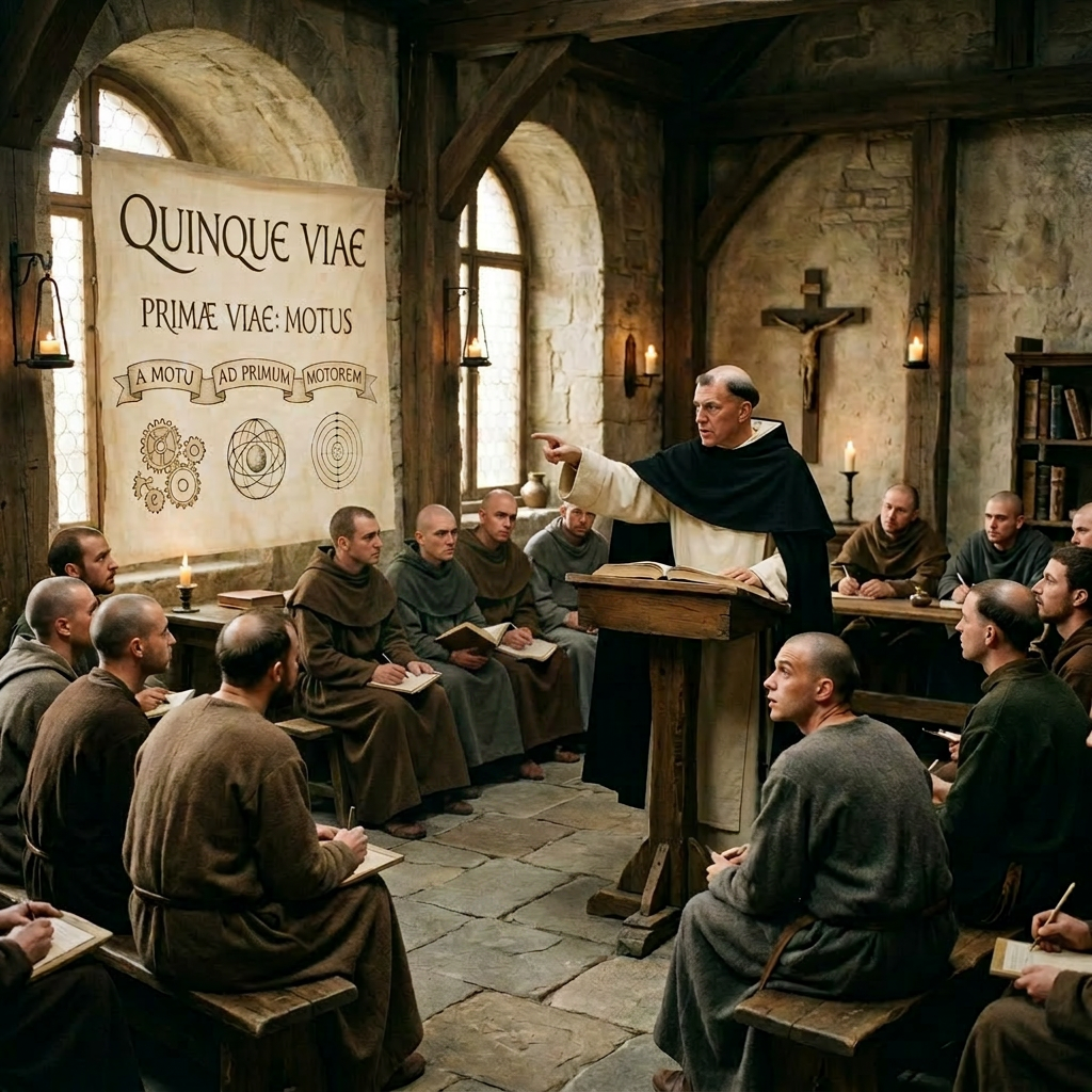 Monks in medieval robes gathered around lecterns and benches in a stone-walled room with books and candles